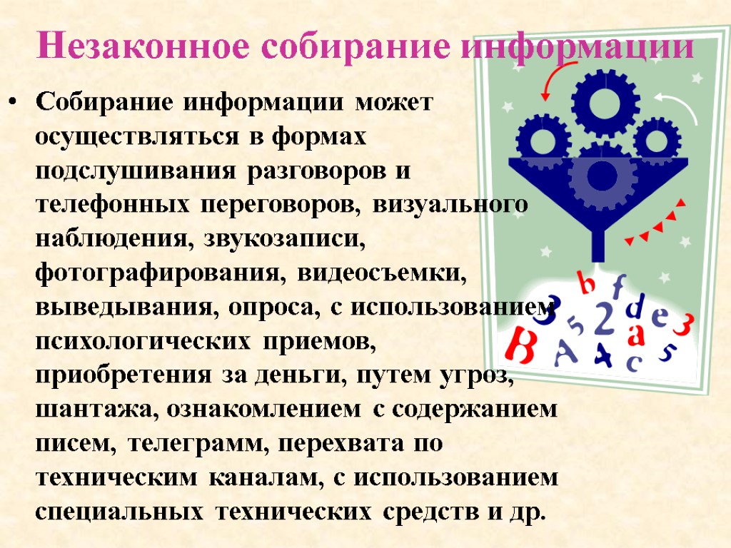 Незаконное собирание информации Собирание информации может осуществляться в формах подслушивания разговоров и телефонных переговоров,